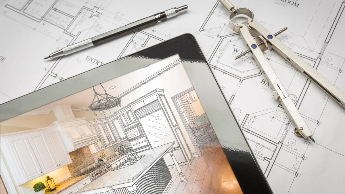 Architect drawing smart home floor plan with integrated technology layout