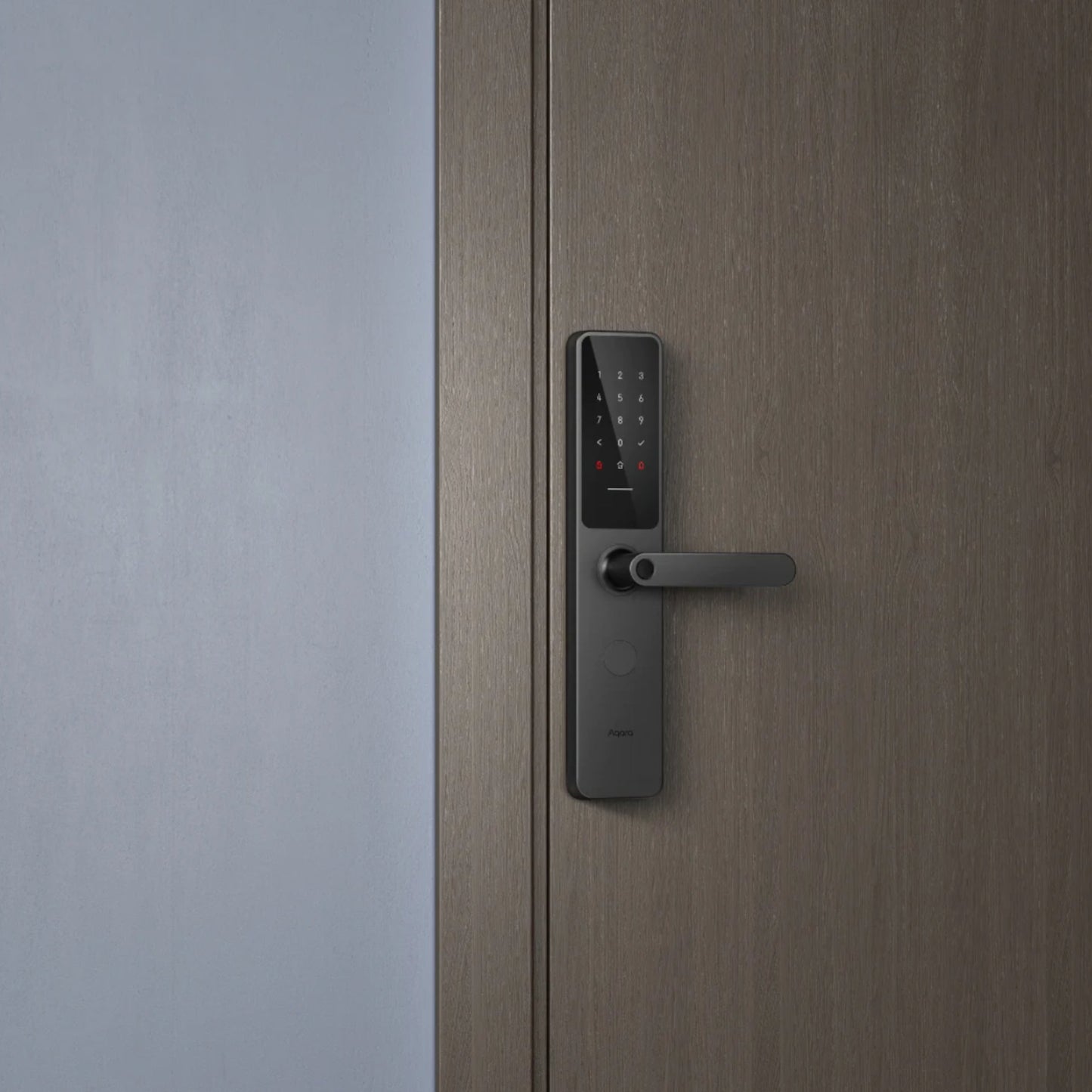 
                  
                    Aqara Smart Door Lock A100 shown on brown door
                  
                