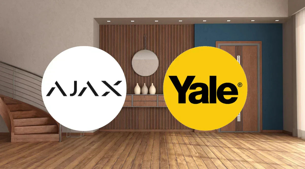 Modern front door with AJAX and Yale smart lock integration logos — representing a combined smart security system