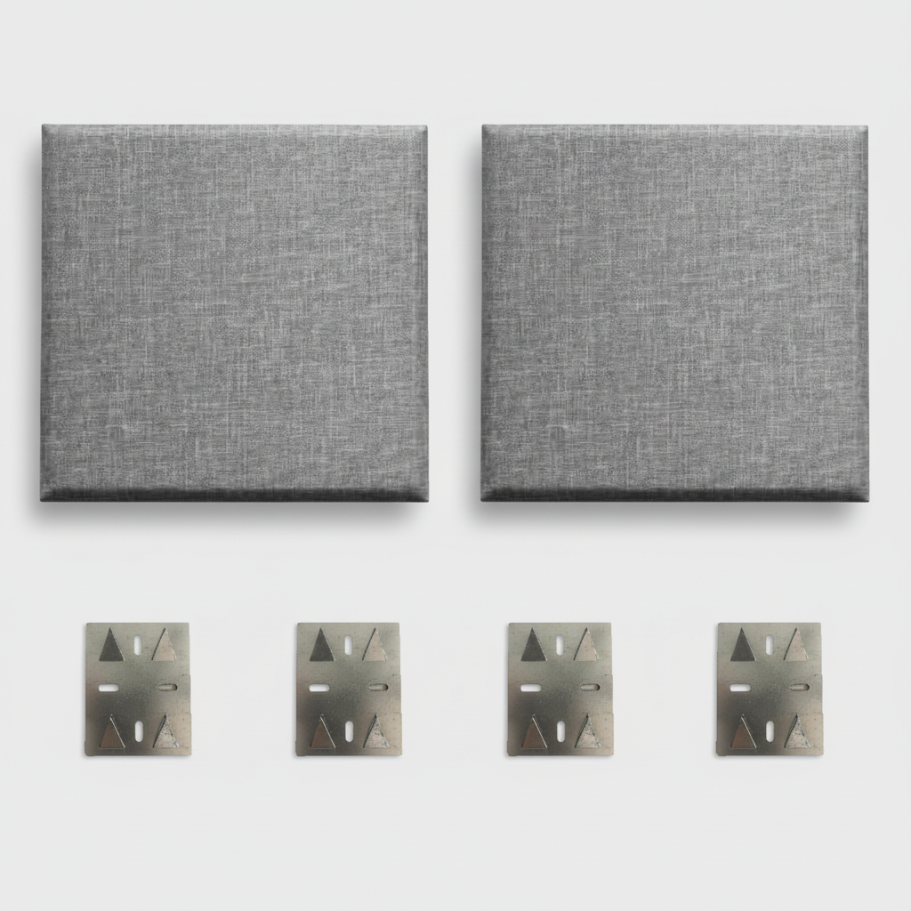 Two gray textured panels with four metallic brackets on a white background