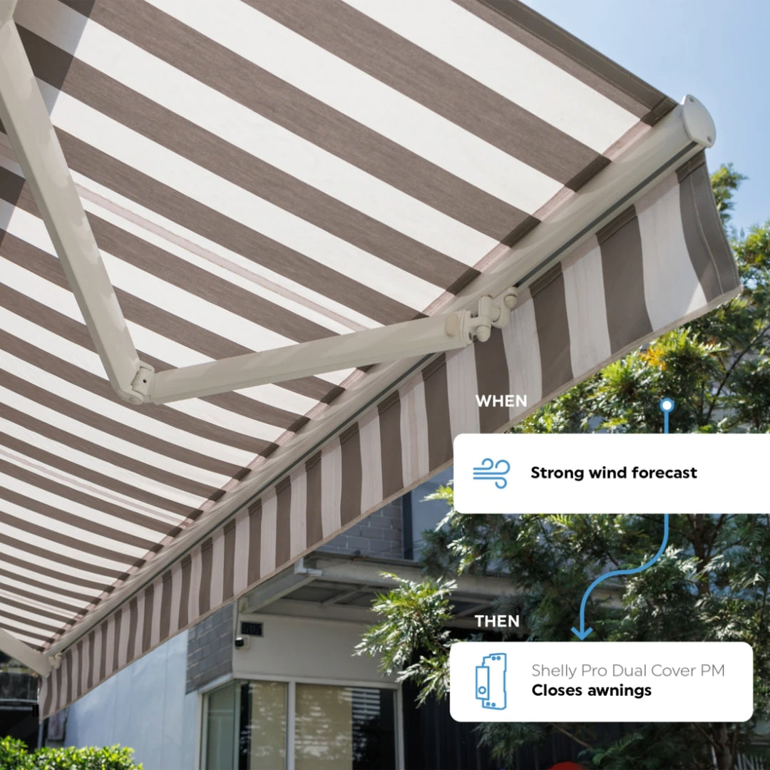 
                  
                    a white and brown striped awning next to a building
                  
                