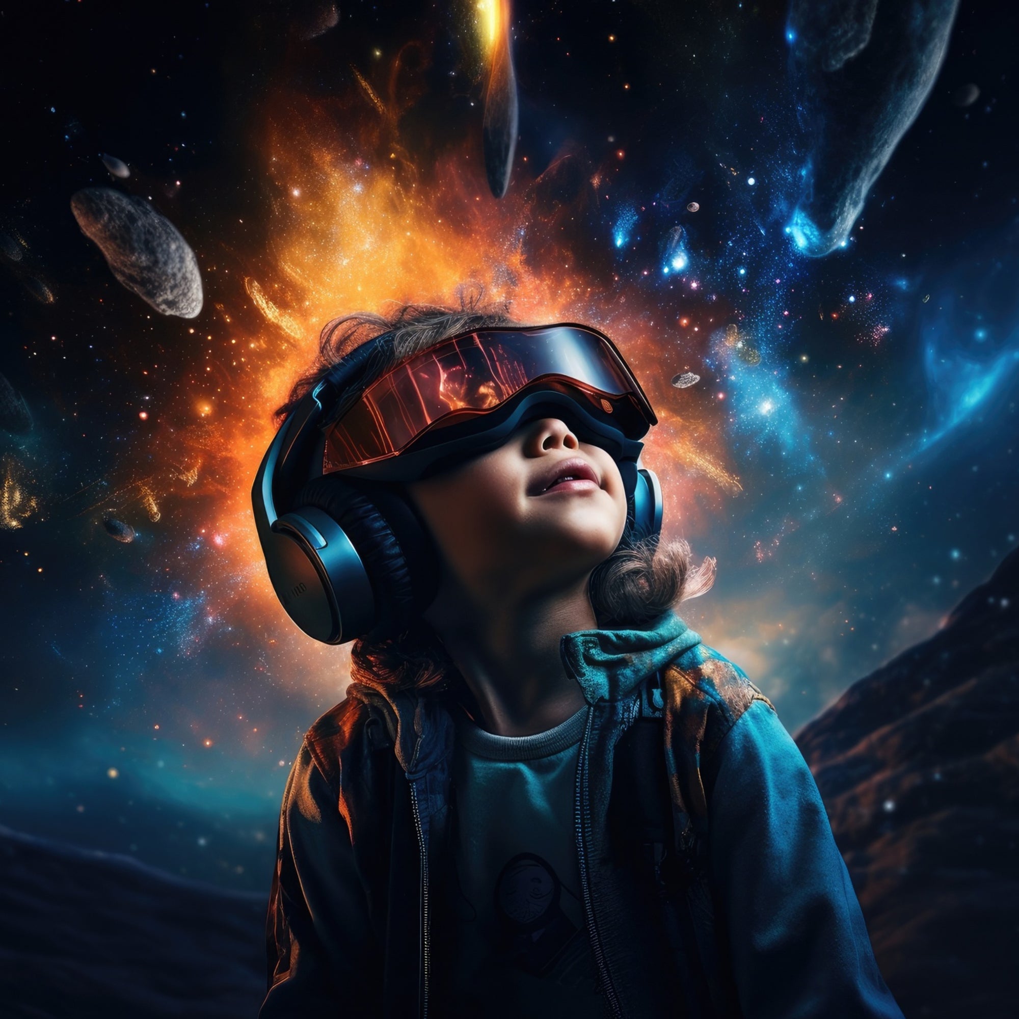 Image of a child with futuristic VR glasses on with universe background