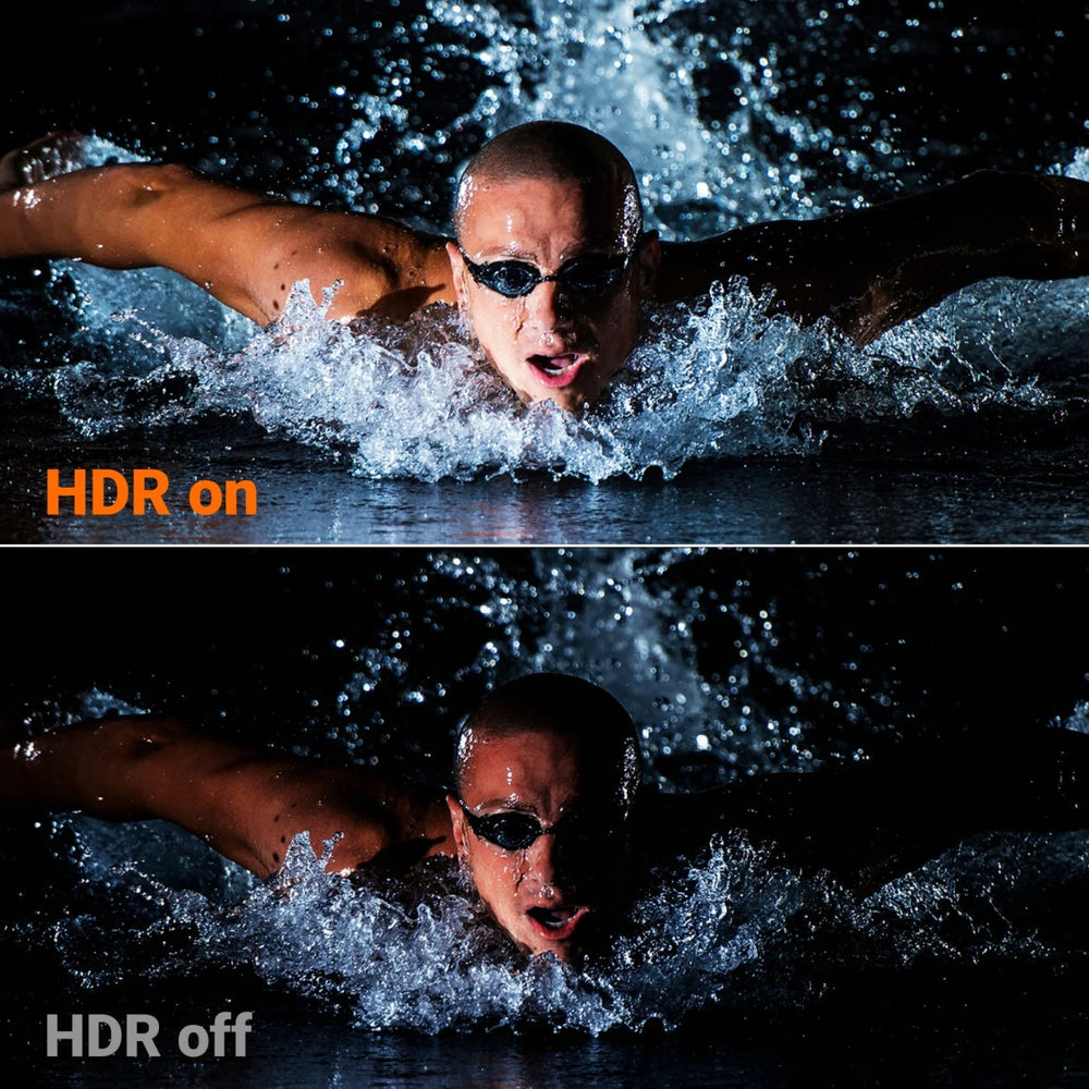 
                  
                    two pictures of a man swimming showing comparison between HDR on and off
                  
                