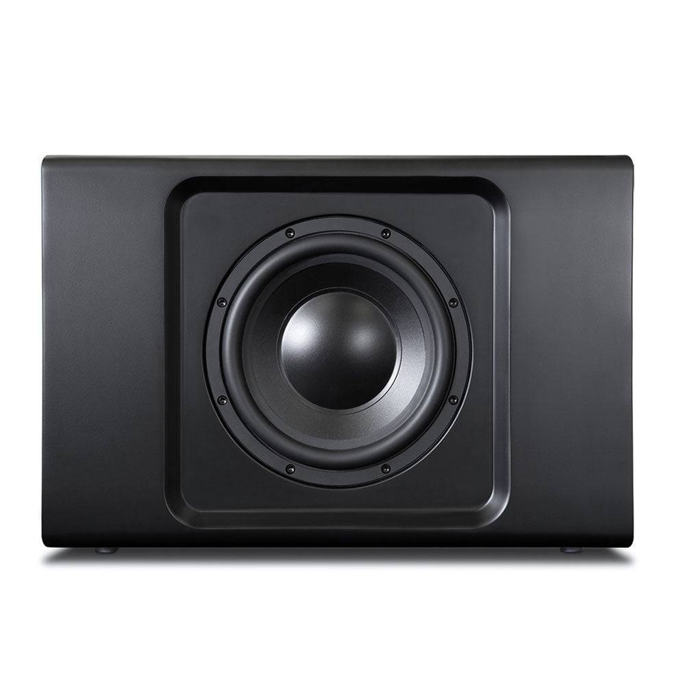 Black Bluesound Pulse Sub+ without grille, top view