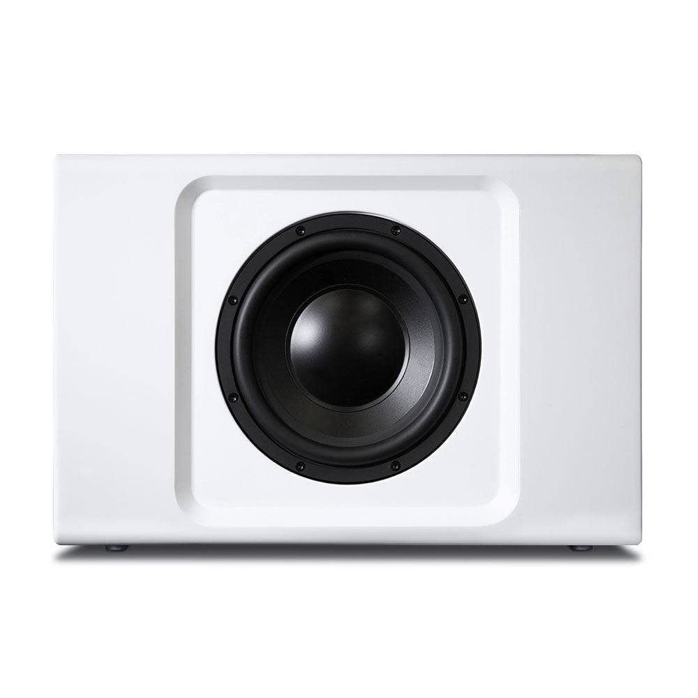White Bluesound Pulse Sub+ without grille, top view